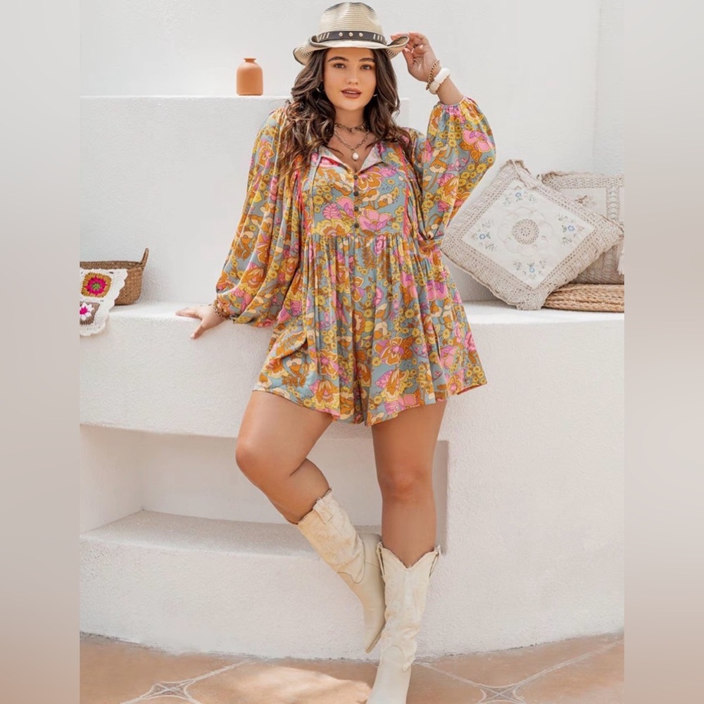 Boho Floral Peasant Romper Dress - Multi
